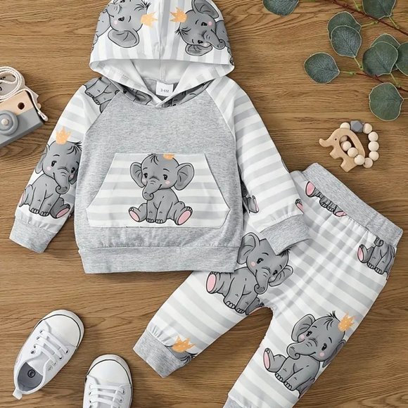 Baby Boy's Cute Elephant Cartoon Print Comfortable Long-sleeved Hooded Top +Pant - Picture 1 of 6